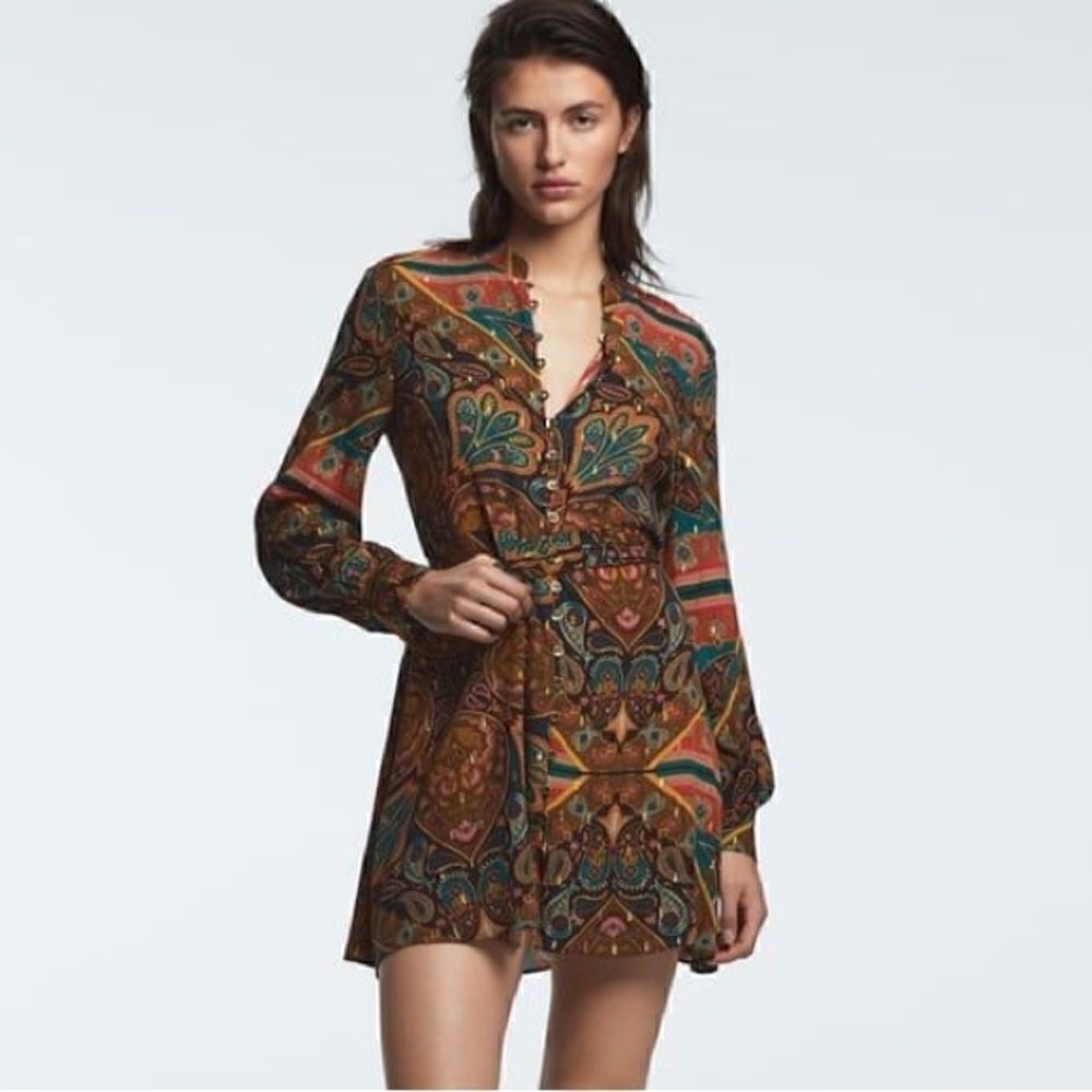 ZARA METALLIC THREAD PRINTED SHIRT DRESS